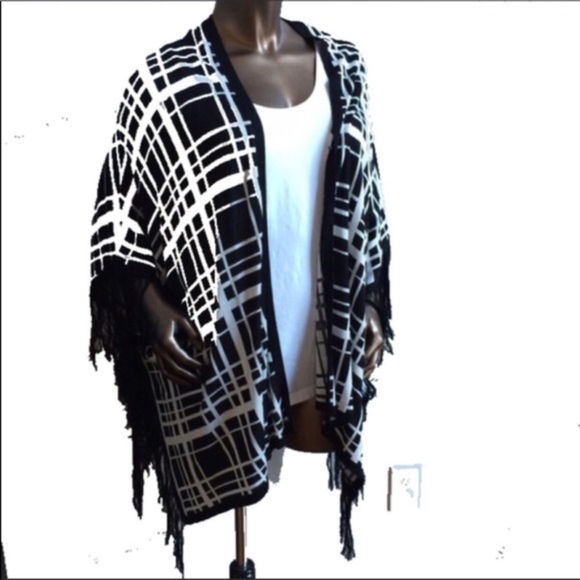 All At Once Sweaters - BRAND NEW Black White Plaid Fringe Poncho Sweater